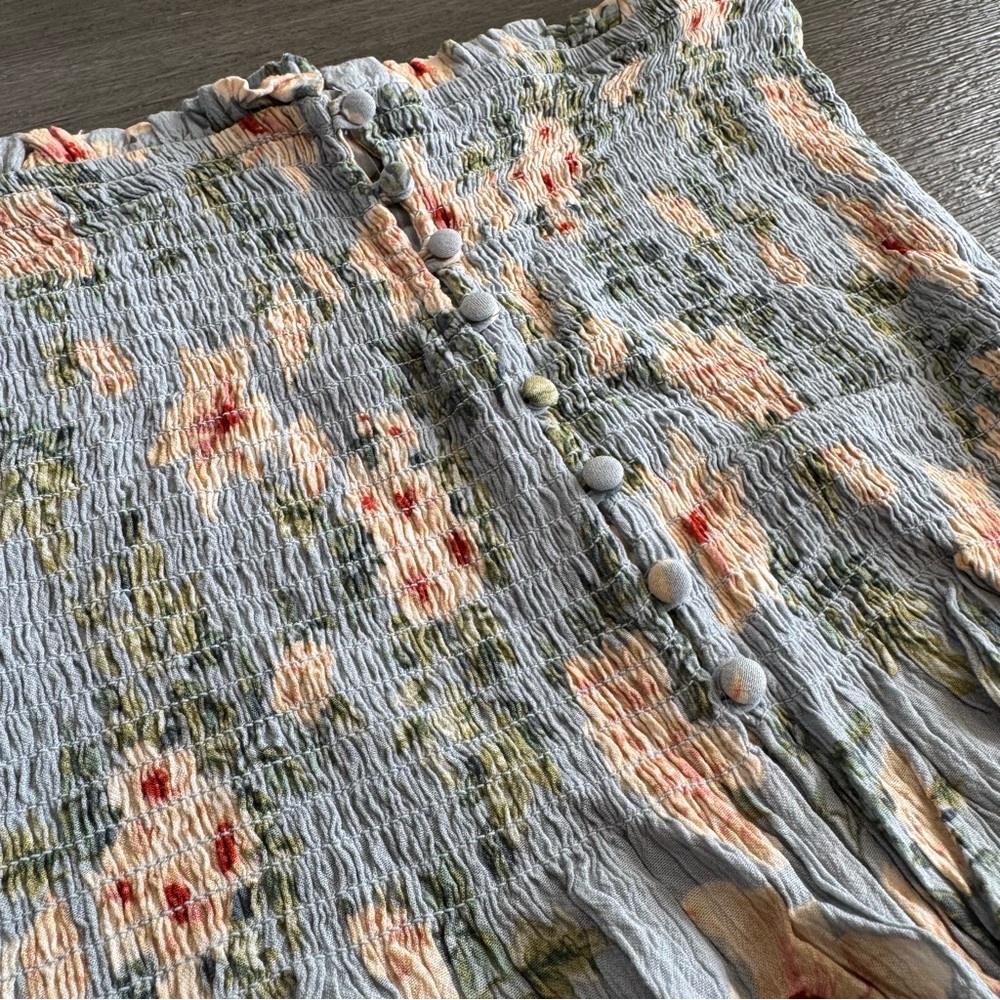 ARO Blue Grey Floral Smocked Button Tube Top Tank M - Picture 6 of 11